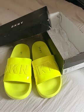 DKNY Neon Yellow Logo Slide Sandals